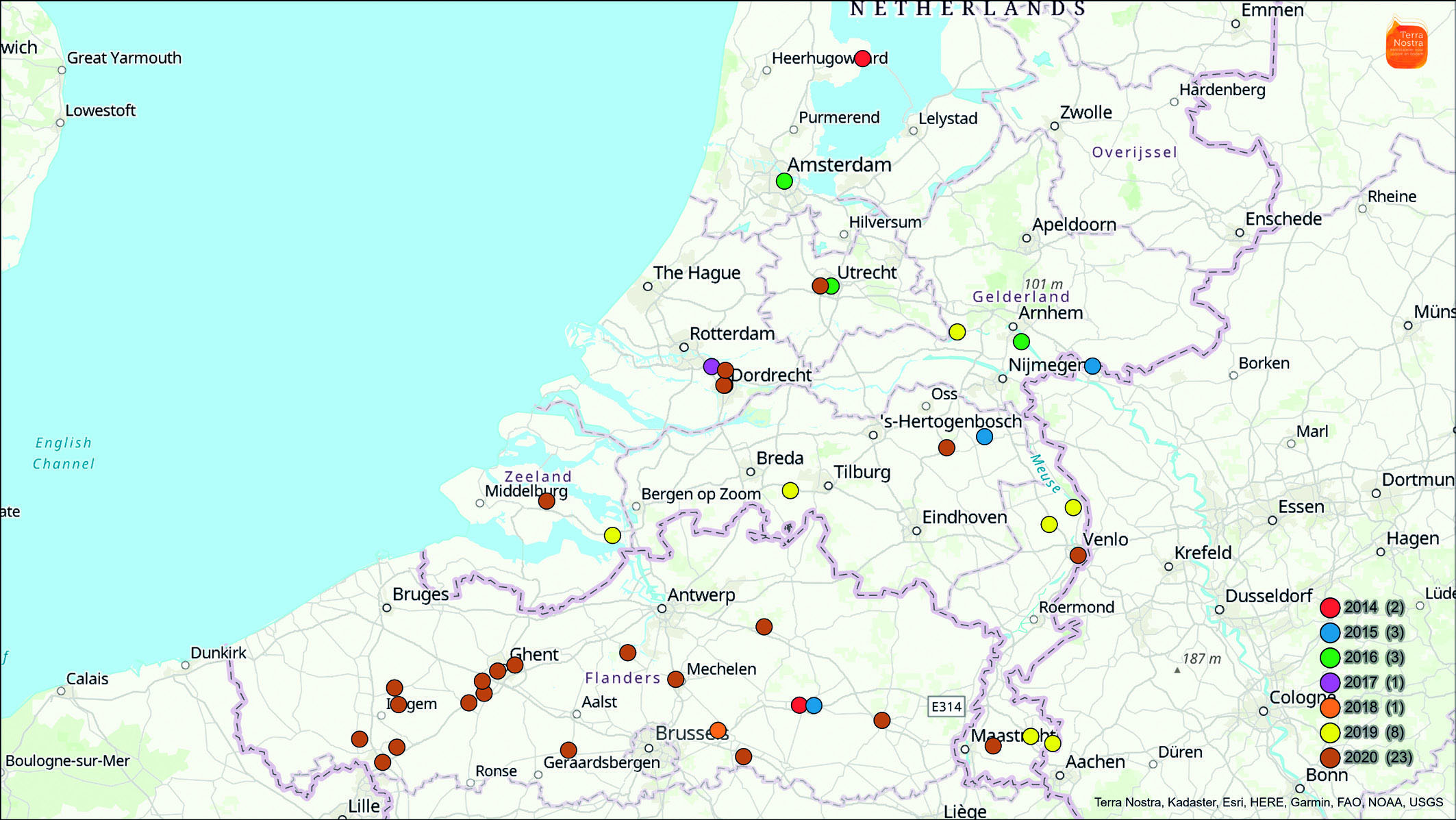 Figure 3. Incidence of positively diagnosed sooty bark disease in Belgium and the Netherlands, 2014–20. (© Terra Nostra)